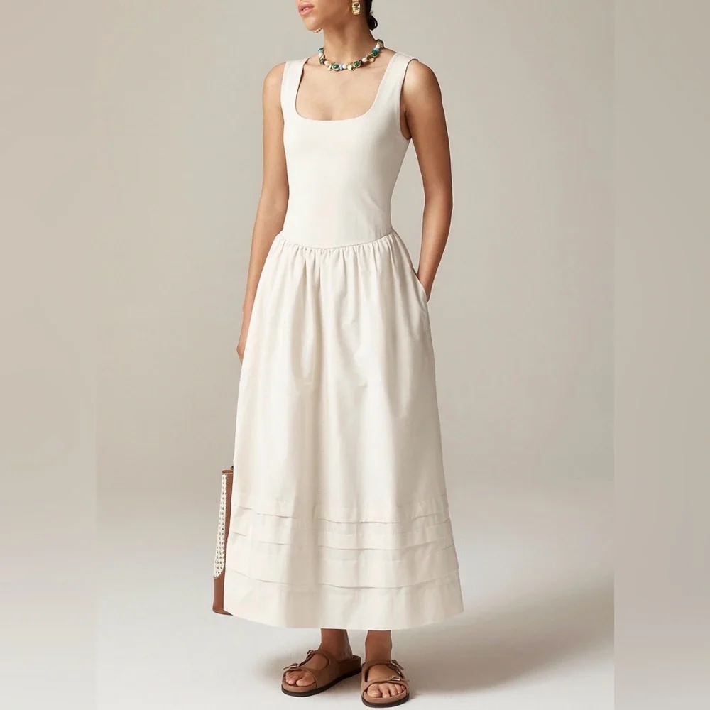 J.Crew Cream Drop Waist Mixy Dress L Large White Minimalist Cotton Pocket Midi